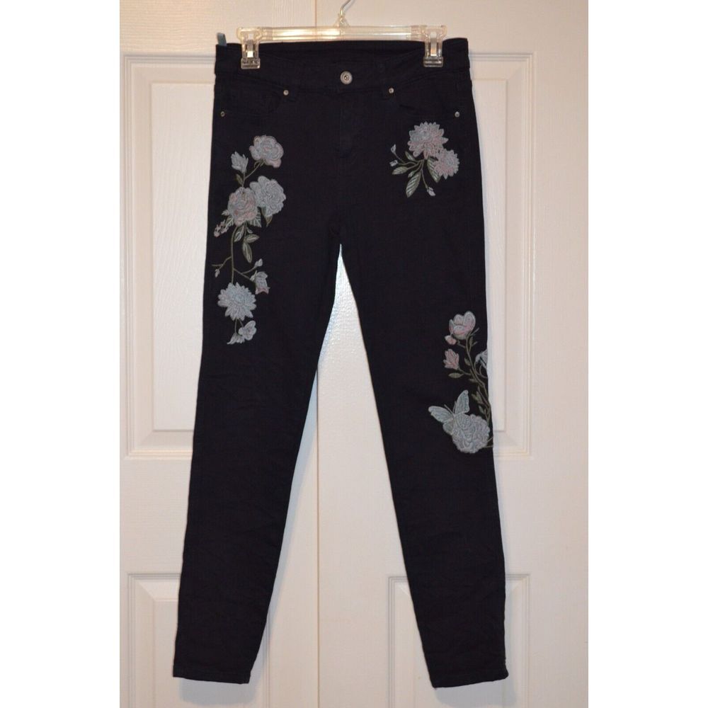 Hand Work Denim Women Medium‎ Jeans Inseam 31.5" Navy Blue Embroidered Flowers